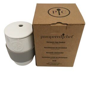 PAMPERED CHEF Ceramic Egg Cooker White Gray Microwave Mug Cup Breakfast 1529 NIB